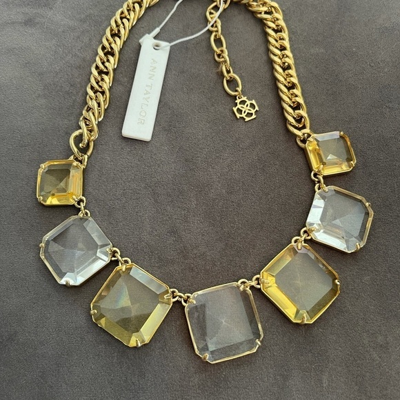 ANN TAYLOR Signed Statement Necklace Gold-Tone Topaz Yellow & Clear Stones